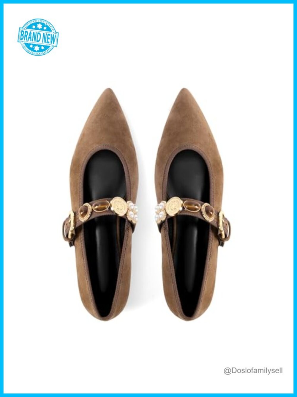 Gold Studded Pointed Toe Mary Jane Flats Buckle Strap Ballerina - Picture 5 of 6
